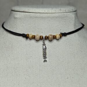 Fish Skeleton Charm Beige Ceramic Wood Beaded Boho Whimsical Y2K Choker Necklace